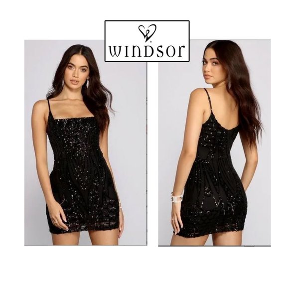Windsor Lissie Black Formal Sequin Mini Dress Fully Lined Bodycon Sz 1/2 - Picture 1 of 9